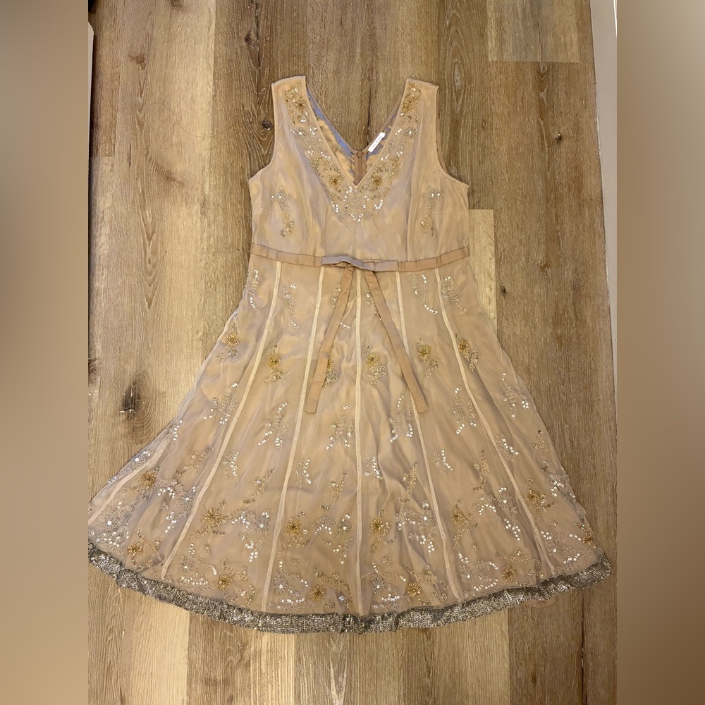 Just In Case Beaded Silk Lined Dress Size 40 Nude Gold Formal